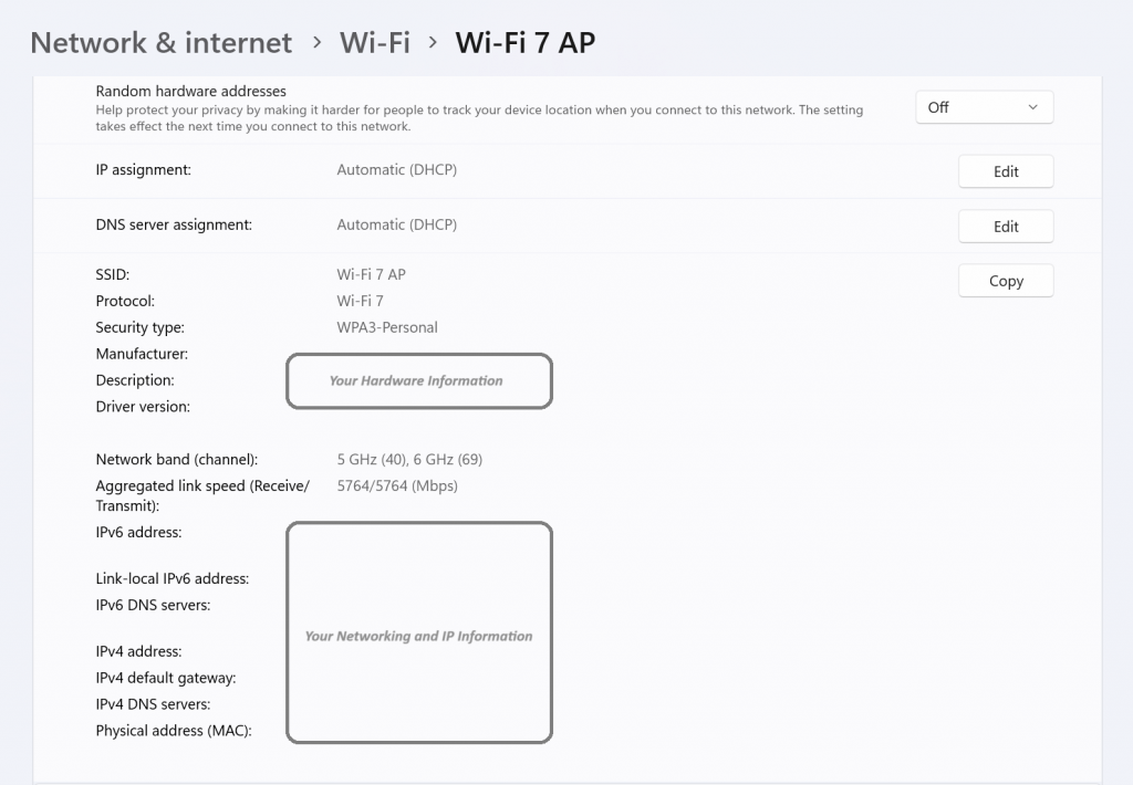 Wi-Fi settings showing a Windows PC connected to the Wi-Fi 7 access point.