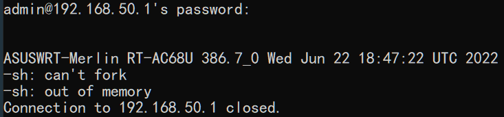 Screenshot of unsuccessful login to the router via SSH after the No space left on device occurred.