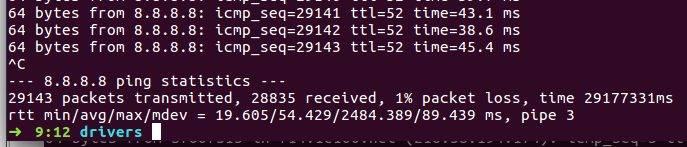 Ping from Ubuntu via router via hotspot 1% packet loss when via hotspot had 0.3% packet loss.png